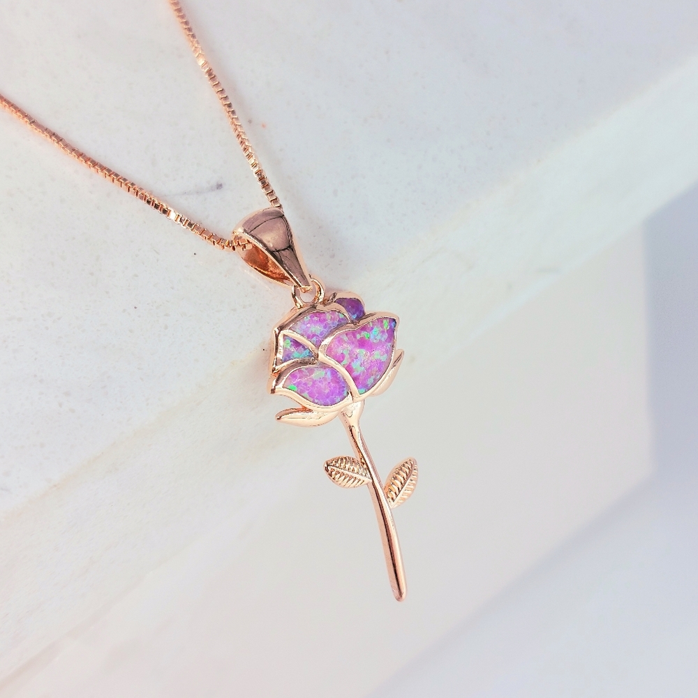 Rose Gold Pink Opal Inlay Rose Sterling Silver 925 Stamped Necklace